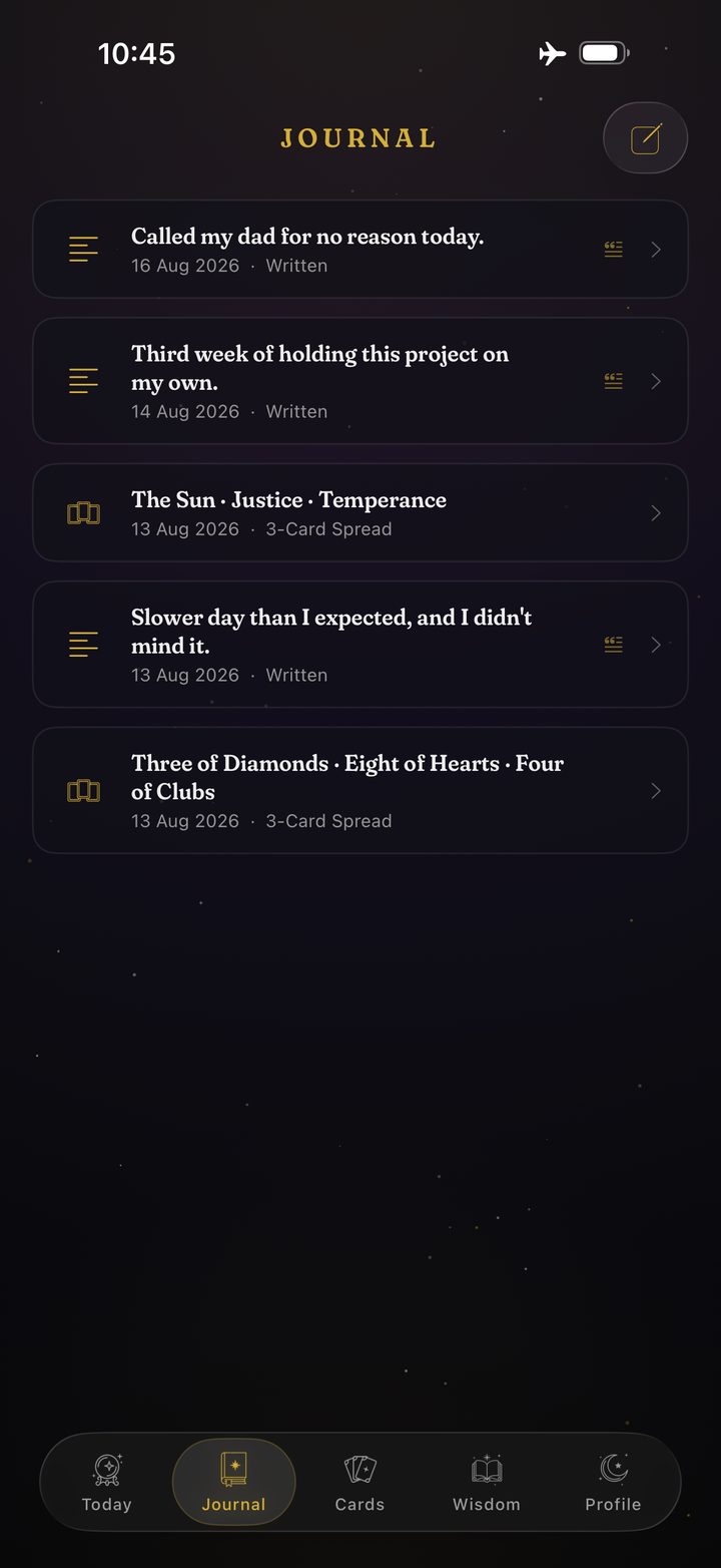 The journal, listing written entries alongside card readings
