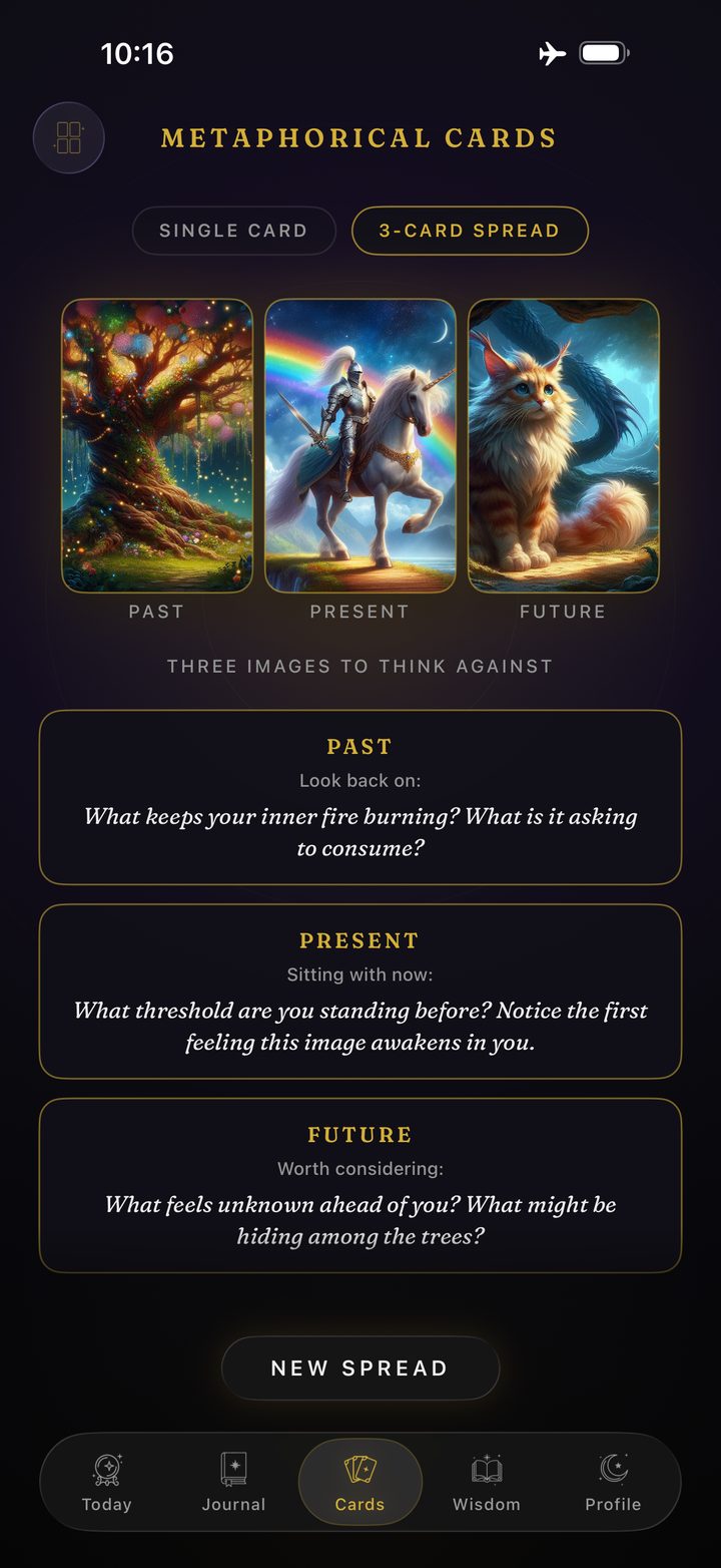 Three metaphorical cards laid out with a question under each