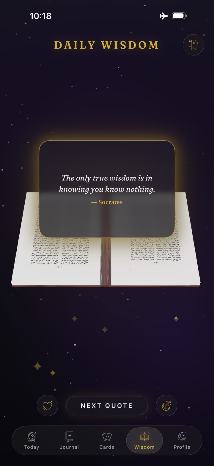 The Book of Wisdom open on a line from Socrates